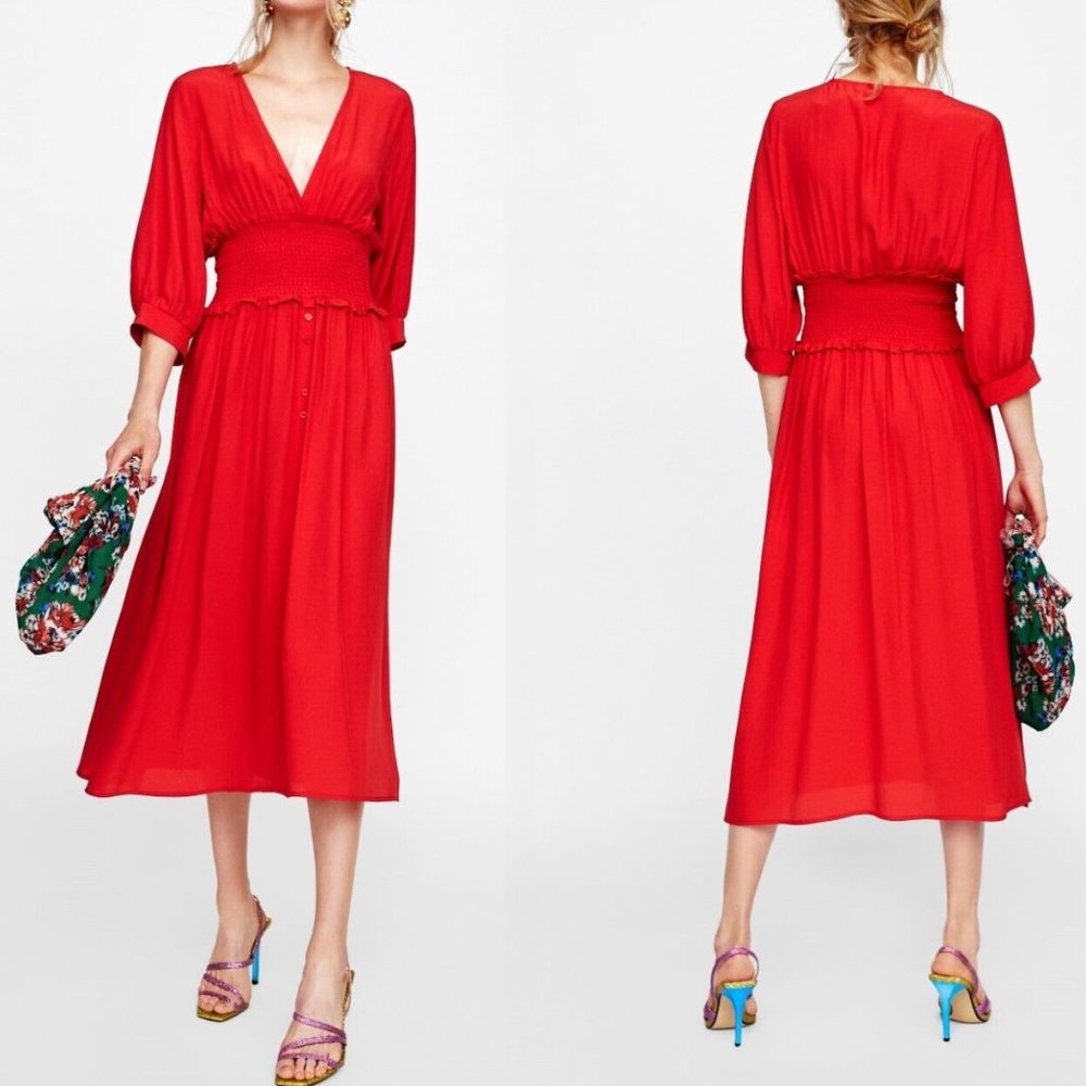 Zara red midi dress elastic ruched waist 3/4 sleeve NWT